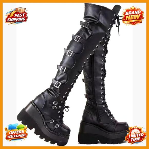 Shoes - Women's Over Knee Platform Boots with Chunky Heel Side Zip Lace Up